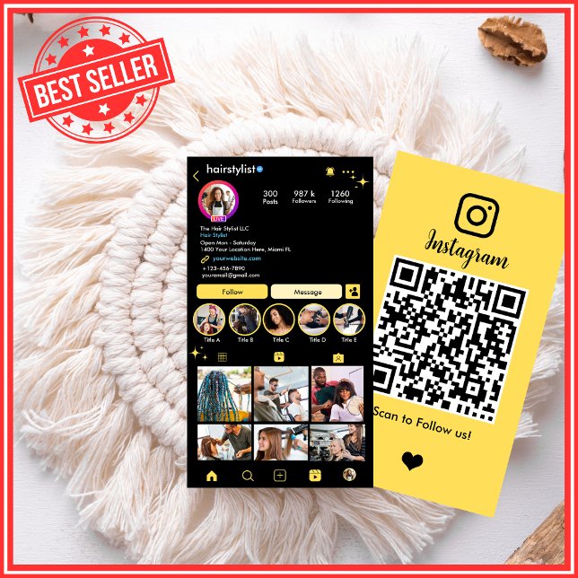Cartão De Visita Cabeleireiro | Código QR do Instagram (Criador carregado)