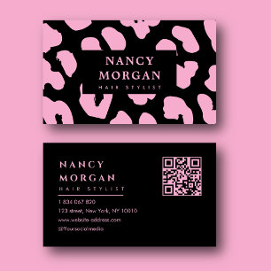 Cartão De Visita Cabeleireiro Código Qr Impressão Leopardo Rosa