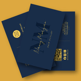 Cartão De Visita Cabeleireiro Código QR Logotipo Monograma Azul Nav