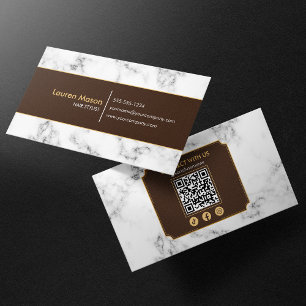 Cartão De Visita Cabeleireiro Elegante Código QR Mármore Marrom Dou