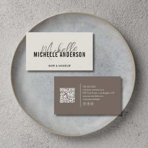 Cartão De Visita Cabeleireiro Moderno Neutro e QR Code Taupe