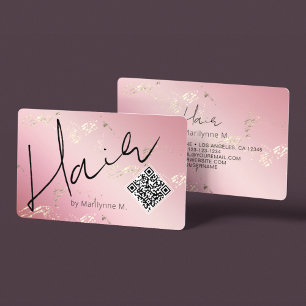 Cartão De Visita Cabeleireiro QR Code Rosa e Dourado