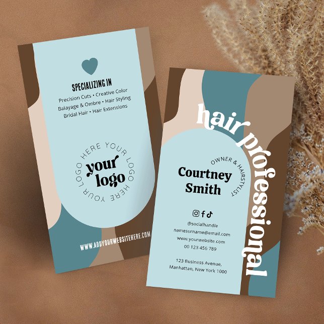 Cartão De Visita Cabeleireiro Retro Groovy & Beige Salon Hairdresse (Trendy hair stylist business cards with retro fonts and your logo)