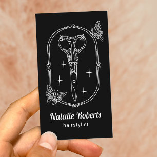 Cartão De Visita Cabeleireiro Tesoura Fofa & Borboleta Doodle Preto
