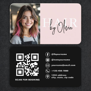 Cartão De Visita Cabelereiro Código QR de Foto Rosa Bege