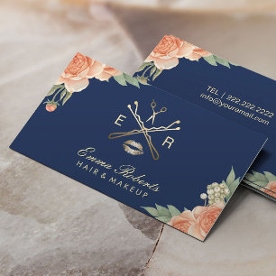 Cartão De Visita Cabelo Artista Salão Vintage Marinho Floral Azul