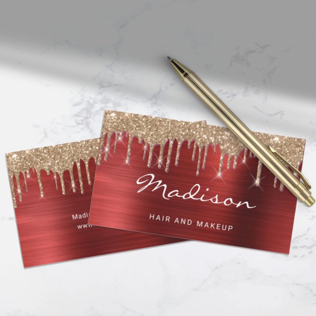 Cartão De Visita Cabelo e Maqueamento Dourado de Lixo  Glam Red Met (Glam Red Metal Gold Glitter Drip Hair & Makeup Business Card)