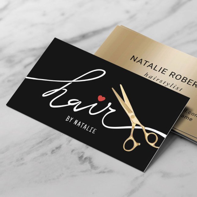 Cartão De Visita Cabelo Estylist Dourada Tesoura Beauty Salon Black (Criador carregado)
