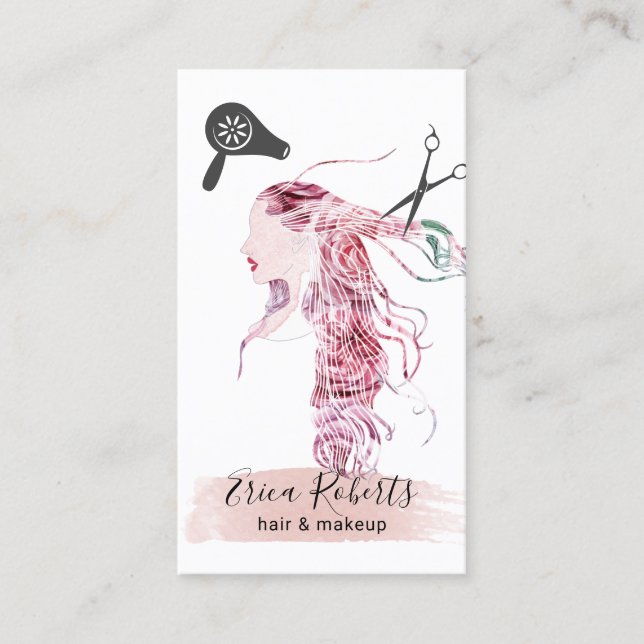 Cartão De Visita Cabelo floral da aguarela da menina da beleza do (Frente)