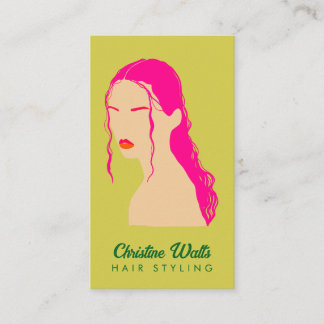 Cartão De Visita Cabelo Rosa Moderno Verde Lima Estilo Plano QR