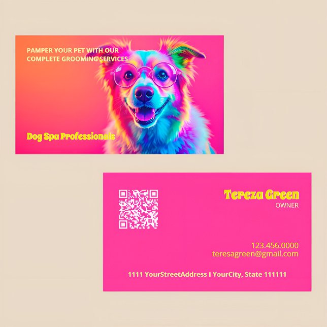 Cartão De Visita Cachorro Alinhando Neon QR (Dog Grooming Business Cards)
