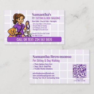 Cartão De Visita Cachorro com Coleira Roxa Garota Cartoon QR Serviç