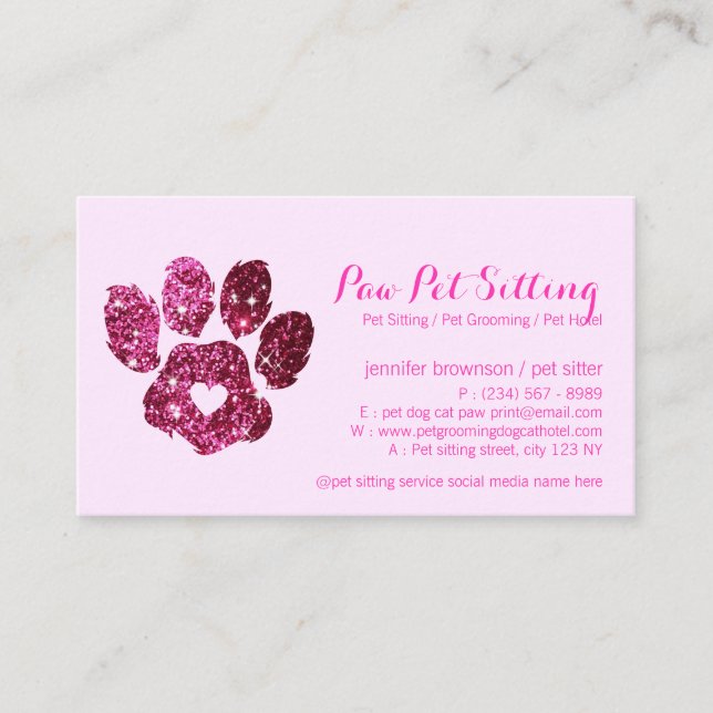 Cartão De Visita Cachorro Elegante Glitter Pet Sitter Paw (Frente)