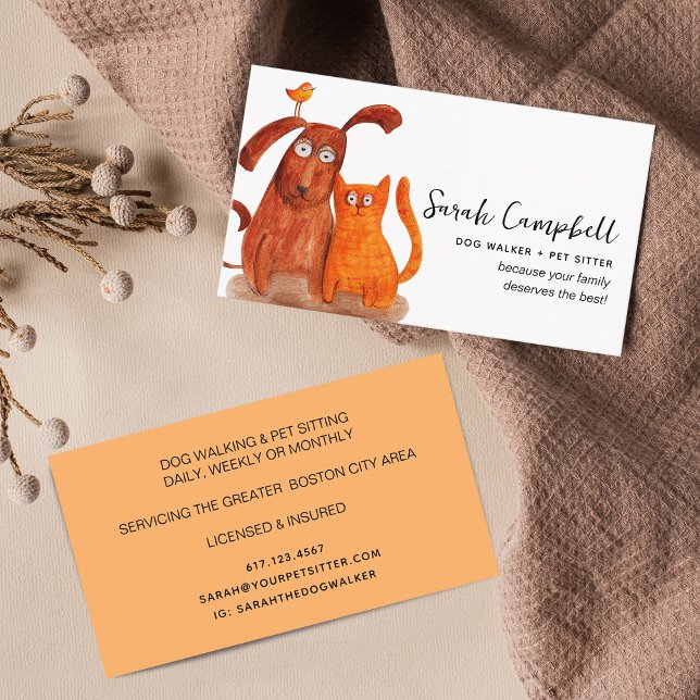 Cartão De Visita Cachorro Fofo em Aquarela Passeando Pet Sitting (Cute Watercolor Dog Walking Pet Sitting Business Card)
