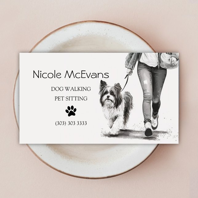 Cartão De Visita Cachorro Walker Pet Sitter Negro E Branco (Dog Walker Watercolor Pet Sitter Business Card)