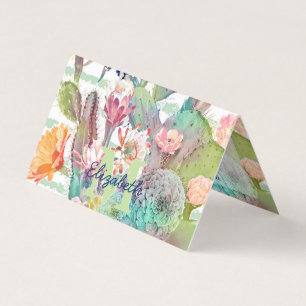 Cartão De Visita Cacto de aquarelas, design de listras e flores