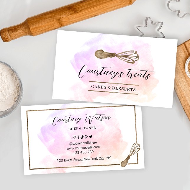 Cartão De Visita Cadeeiro de cozinha Dourado com água e brilho de u (Bakery business cards with colorful watercolor background and gold glitter effects)