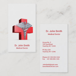 Cartão De Visita Caduceus Medical Silver 3D Cross Red