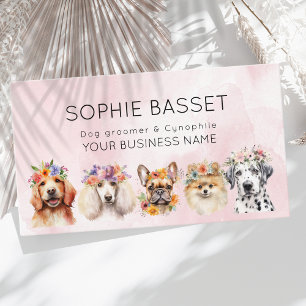 Cartão De Visita Cães adoráveis com coroa floral, cor-de-água rosa