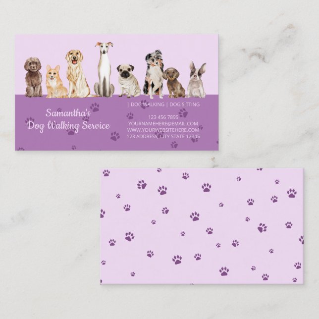 Cartão De Visita Cães de Aquarela Lilac Cute Paws (Frente/Verso)