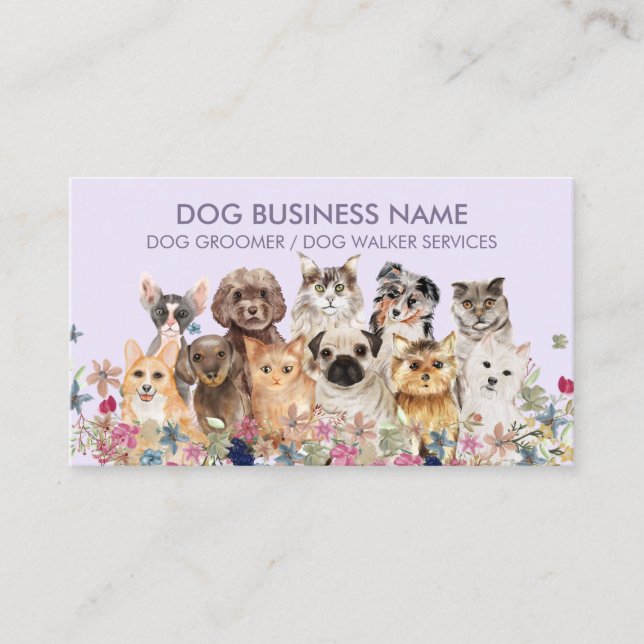 Cartão De Visita Cães Gatos Lilás Roxo (Frente)