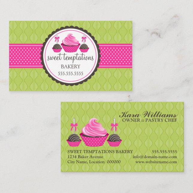 Cartão De Visita Cake Pops e Cupcake Verde Rosa (Frente/Verso)