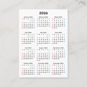Cartão De Visita Calendário de Domingo de 2026 Obrigado pela Compra
