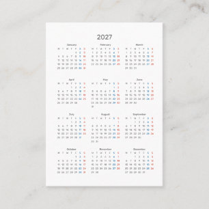 Cartão De Visita Calendário de Domingo de 2027 Obrigado pela Compra