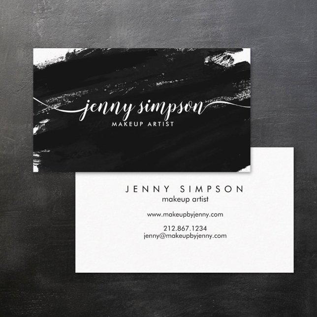 Cartão De Visita Caligrafia abstrato Watercolor Black White Script (Criador carregado)