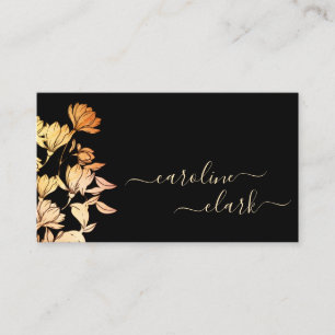 Cartão De Visita Caligrafia Assinatura Floral - Laranja Preto Elega