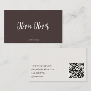Cartão De Visita Caligrafia Minimalista Código QR Marrom Creme Mode