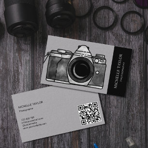 Cartão De Visita Câmera de Aquarela Fotografia Código QR profission