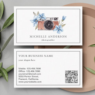 Cartão De Visita Câmera Floral Azul Vintage Código QR Fotógrafo