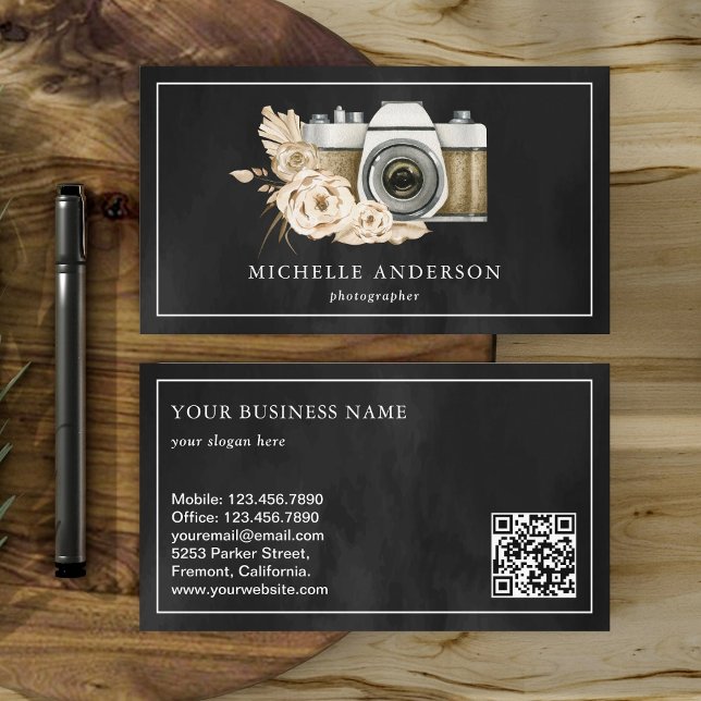 Cartão De Visita Câmera Floral Boho Rústica Código QR Fotógrafo (Criador carregado)