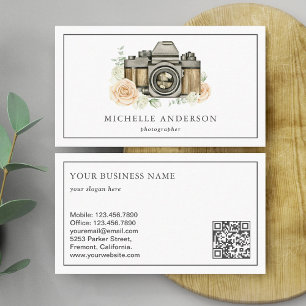 Cartão De Visita Câmera Floral Vintage Código QR Fotógrafo