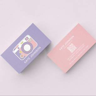Cartão De Visita Câmera rosa moderno e roxa l Fotografia Código Qr