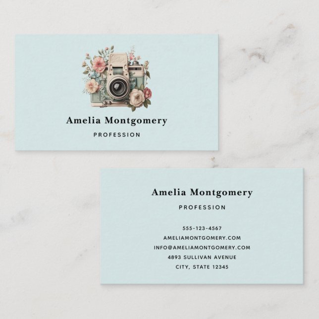 Cartão De Visita Camera with Flowers Retro Pastel Image (Frente/Verso)