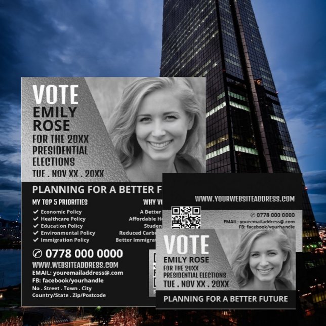 Cartão De Visita Campanha Política do Efeito Foil Silver (Criador carregado)