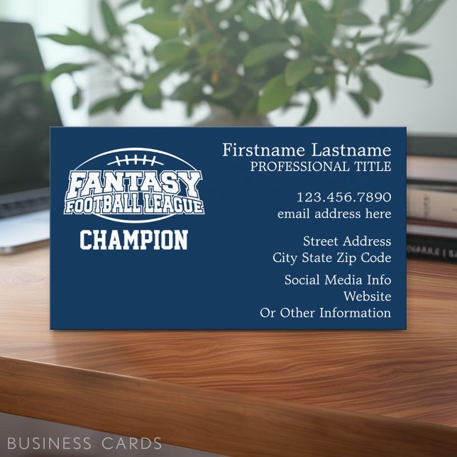 Cartão De Visita Campeão de Futebol da Fantasy - Marinho e Branco (Custom Business Card Template)
