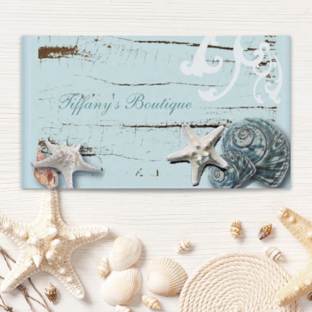 Cartão De Visita Cana-do-mar-do-mar-do-mar-azul-aqua (Coastal barn wood aqua blue starfish seashells business card)