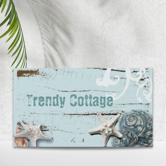 Cartão De Visita Cana-do-mar-do-mar-do-mar-azul-aqua (Coastal barn wood aqua blue starfish seashells business card)