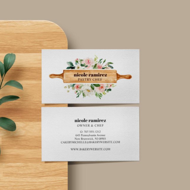 Cartão De Visita Cana-Floral Rolando Pino Patisseriado (BAKERY PASTRY OR CAKE BUSINESS BUSINESS CARD WITH ROLLING PIN AND FLOWERS)