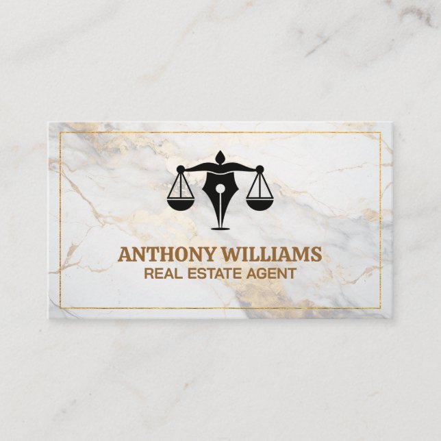 Cartão De Visita Caneta Justiça Escala Direito | Mármore (Frente)