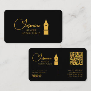 Cartão De Visita Caneta Tinteiro Moderna Black Gold Monograma QR No