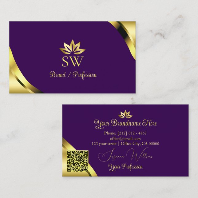 Cartão De Visita Cantos com Brilho Dourado em Código QR de Monogram (Frente/Verso)
