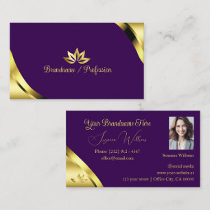 Cartão De Visita Cantos com Brilho Dourado em Roxo com Pétalas Foto