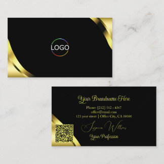 Cartão De Visita Cantos de Ouro de Luxo em Preto com Logotipo e Cód