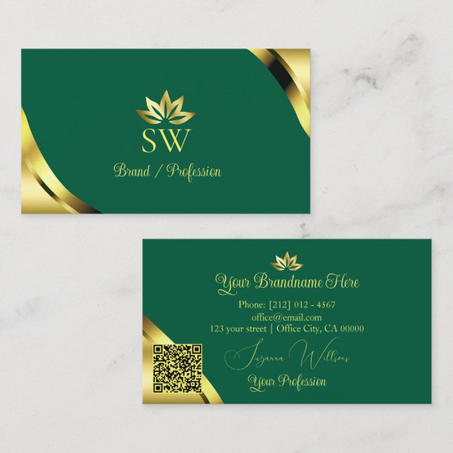 Cartão De Visita Cantos de Ouro Glamour em Verde Turquesa com Códig (Frente/Verso)