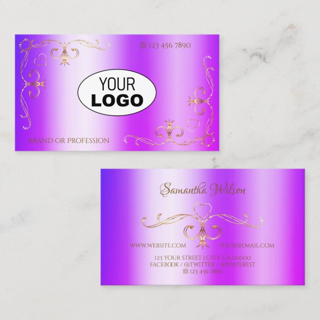 Cartão De Visita Cantos do Ornamentado Dourado com Shimmery azul-ro (Frente/Verso)