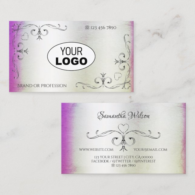 Cartão De Visita Cantos do Ornamentado prateado e Shimmer Rosa Puro (Frente/Verso)